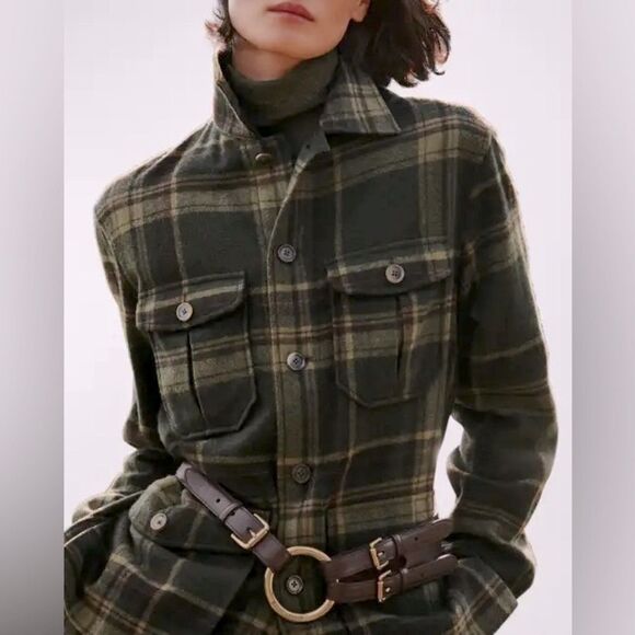 Ralph Lauren Collection Fall 2023 Andrya Olive Plaid Shirt Jacket - Picture 7 of 17